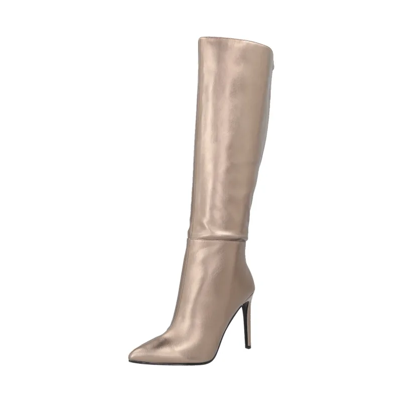 Metallic knee-high stiletto boot shot as a 2D still