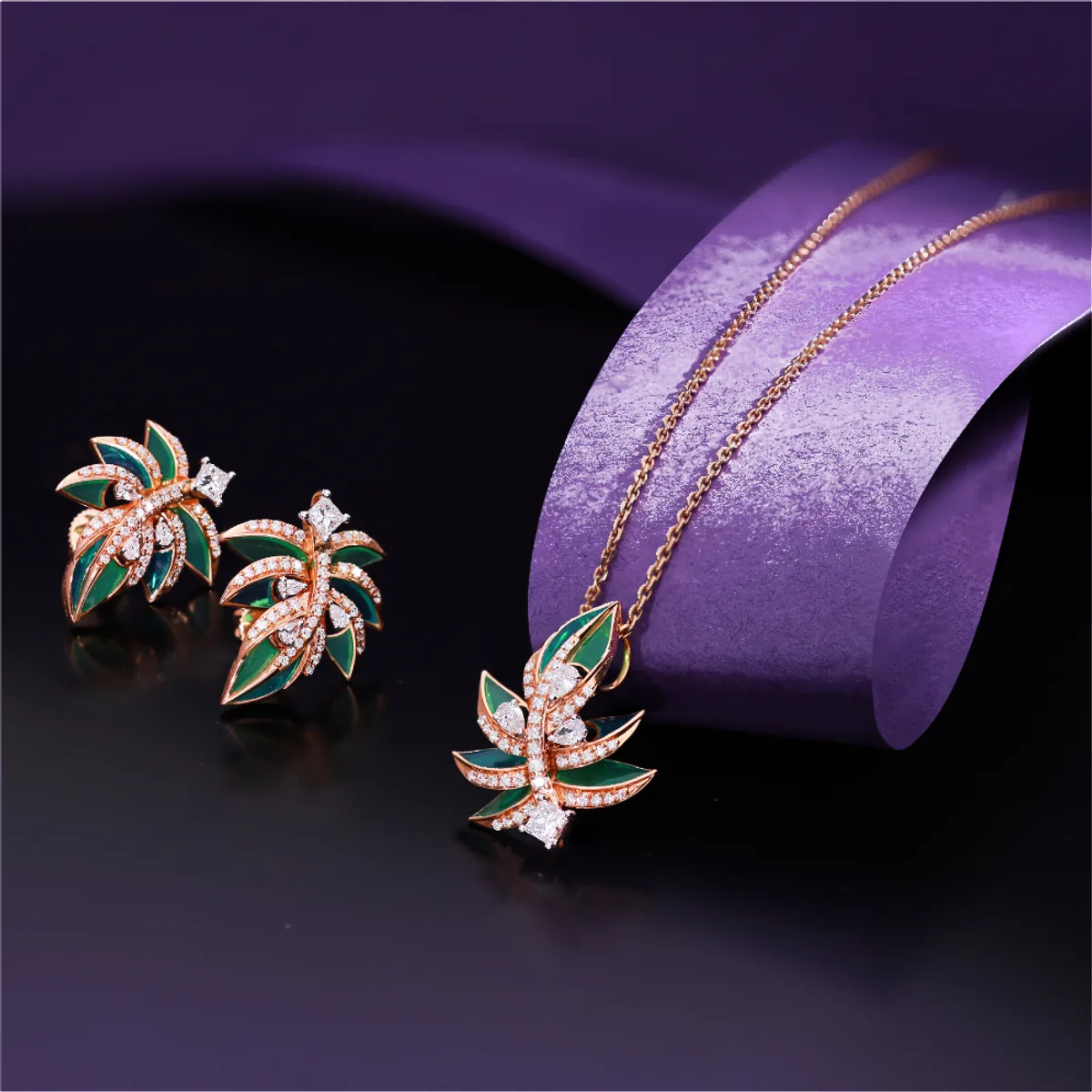 Leaf pendant and earring set